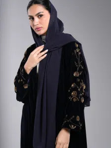 Navy velvet abaya/gold embroidery