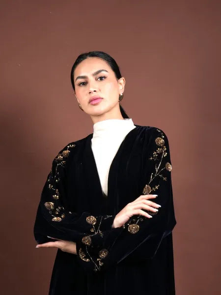 Navy velvet abaya/gold embroidery