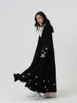 Black abaya with pink floral embroidery