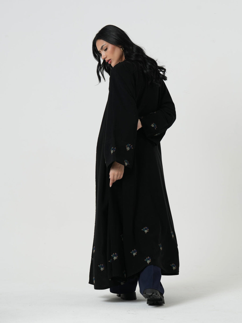 Black abaya with pink floral embroidery