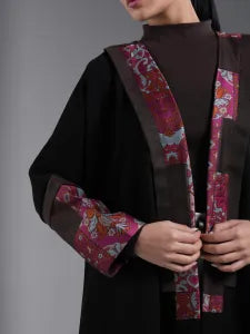 Black abaya with burgundy fabric trim