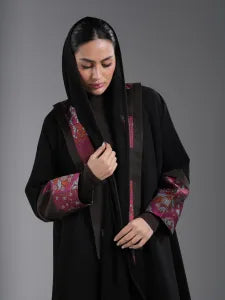 Black abaya with burgundy fabric trim