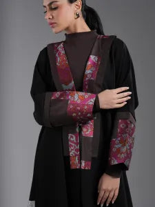 Black abaya with burgundy fabric trim