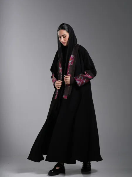 Black abaya with burgundy fabric trim