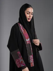 Black abaya with burgundy fabric trim