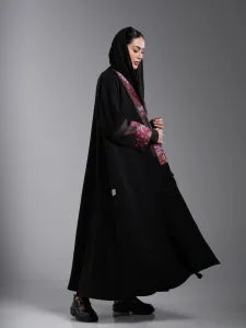 Black abaya with burgundy fabric trim