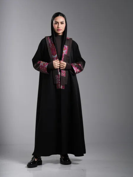 Black abaya with burgundy fabric trim